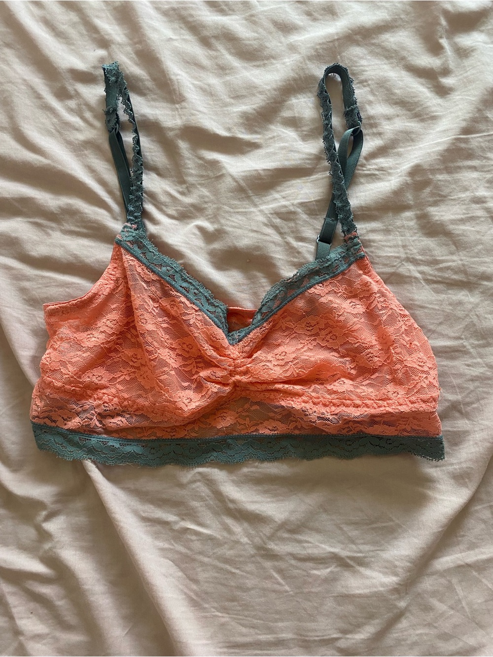 Lace Bralette in Coral with Gray Trim, Unlined Women Intimates Bra